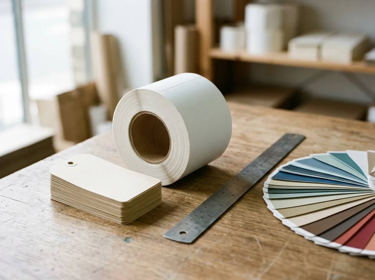 Blank kraft paper hangtags, a roll of unprinted label stock, a steel ruler and a colour swatch fan on a print room table