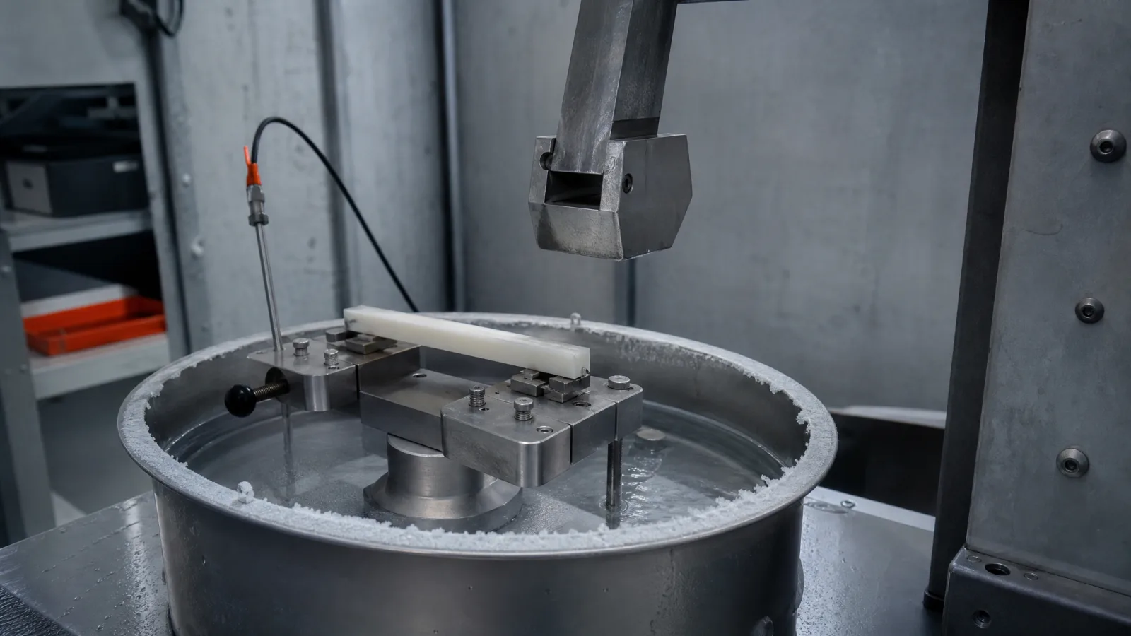 A laboratory low-temperature impact tester with clamped plastic specimens, a striker arm and a frosted cold bath on a steel bench