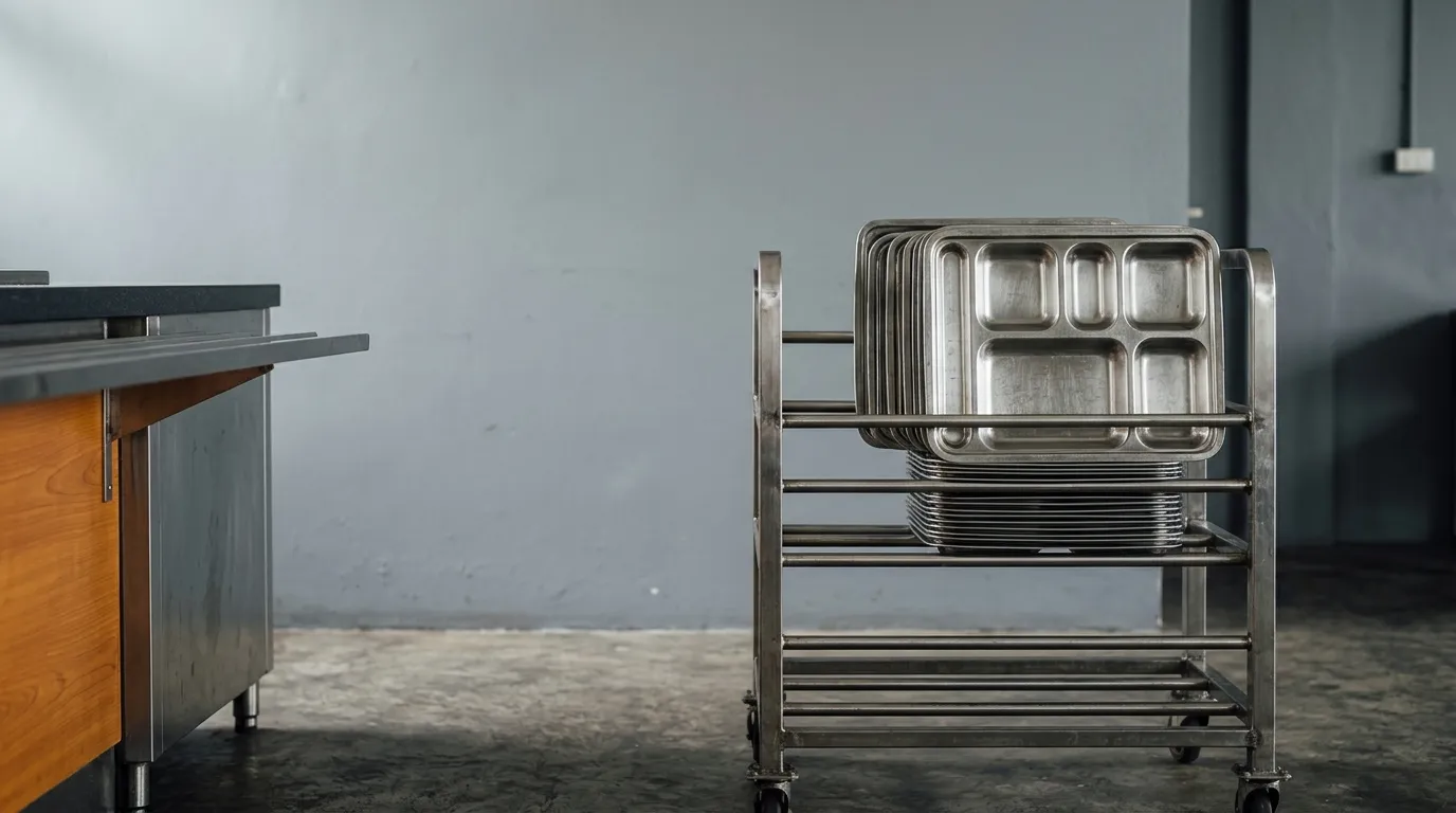 Empty stainless steel compartment trays stacked in a stainless tray-return rack beside a service counter in a staff canteen