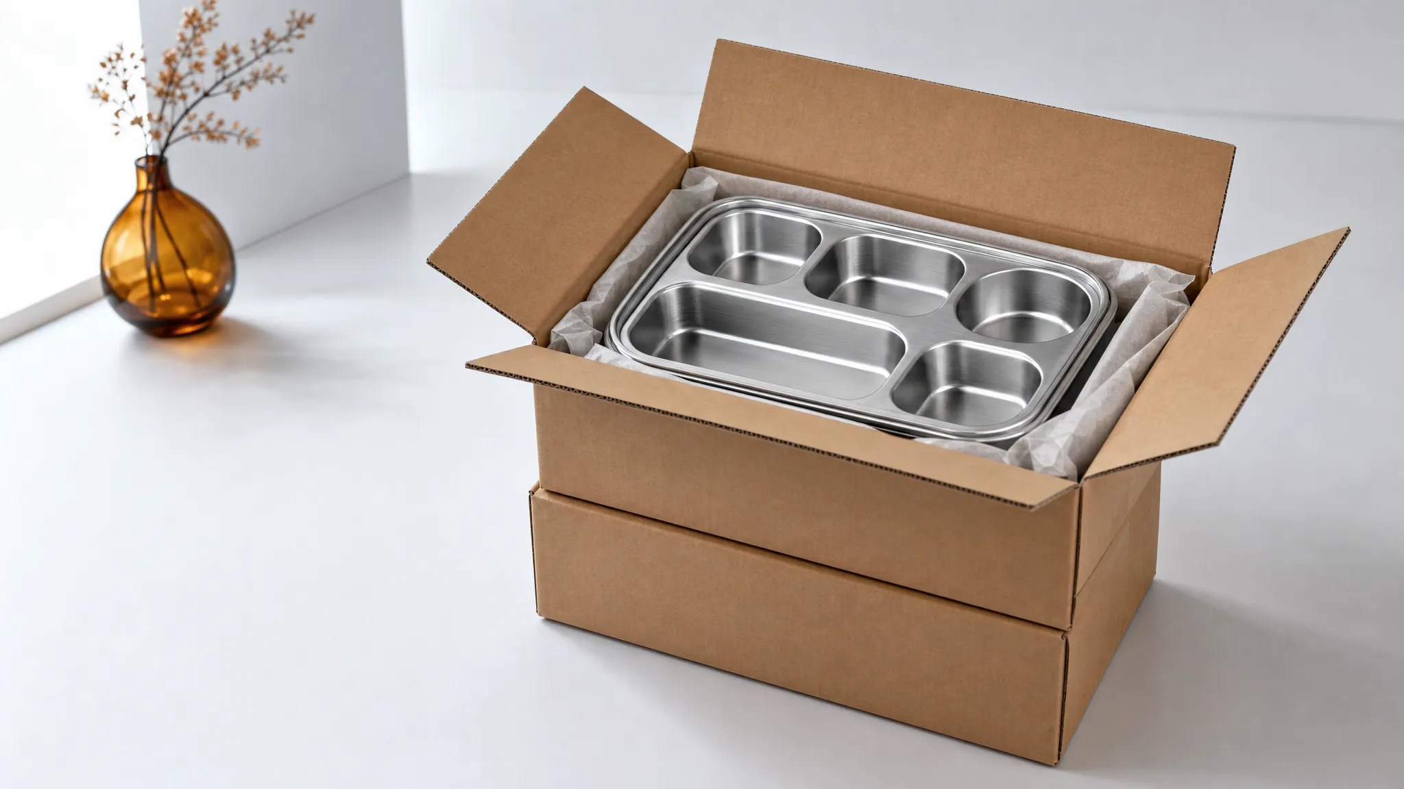 Two plain corrugated master cartons stacked on a studio floor, the top one open to reveal a stainless steel bento tray on protective wrapping