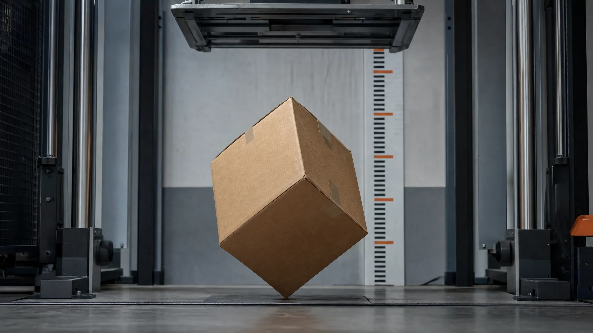 A plain brown export carton caught mid-fall in a drop-test rig with a steel frame and a measuring scale behind