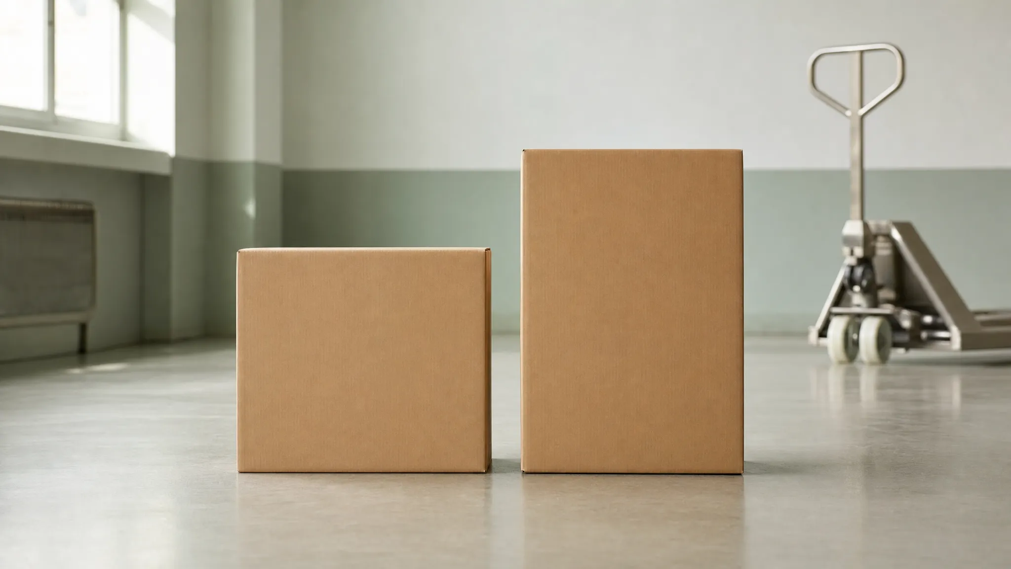 Illustration of two plain unmarked export cartons side by side, showing the carton size difference between two canister families