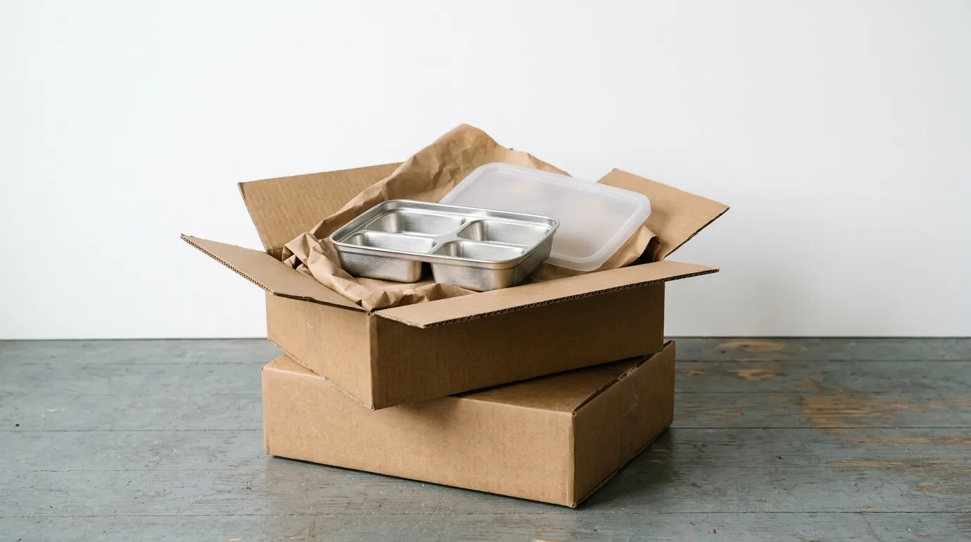 An open plain corrugated master carton stacked on another, showing a stainless steel bento tray and frosted lid on protective paper