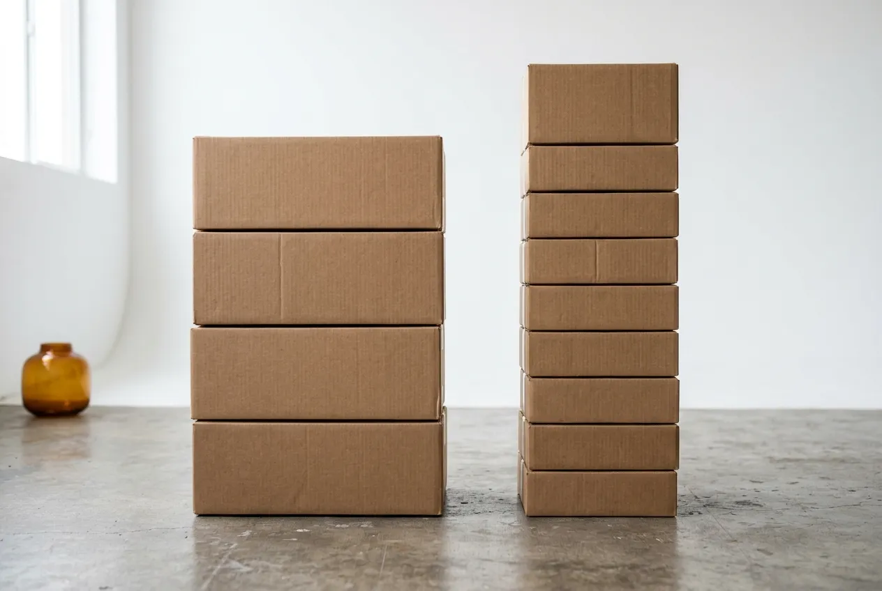 Two stacks of plain unprinted brown master cartons, one low and wide with four cartons and one taller with nine, showing how carton count decides shipped volume