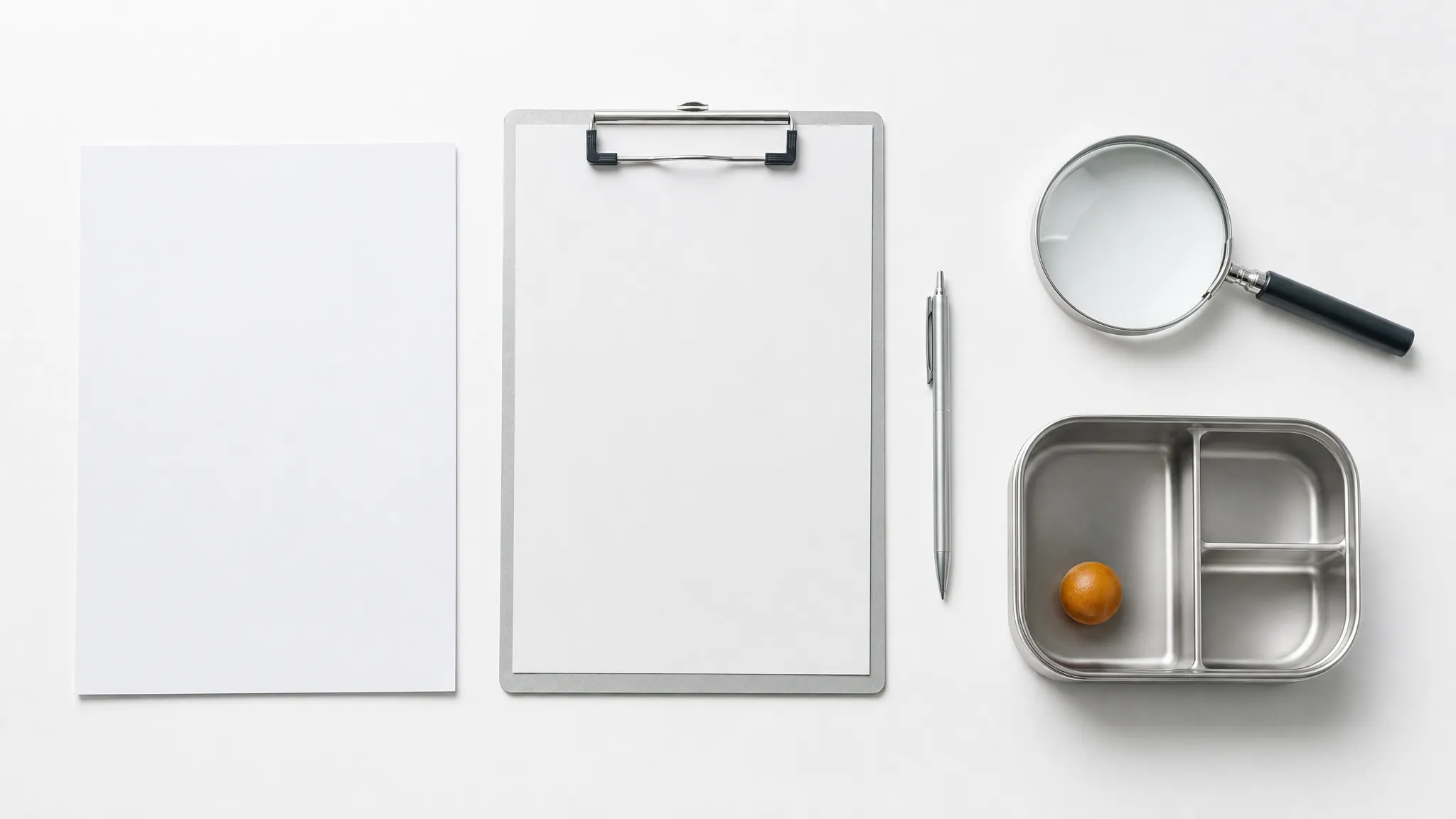 A flat-lay of a blank document, a slim clipboard, a pen, a magnifying glass and a small stainless steel compartment tray on a clean desk