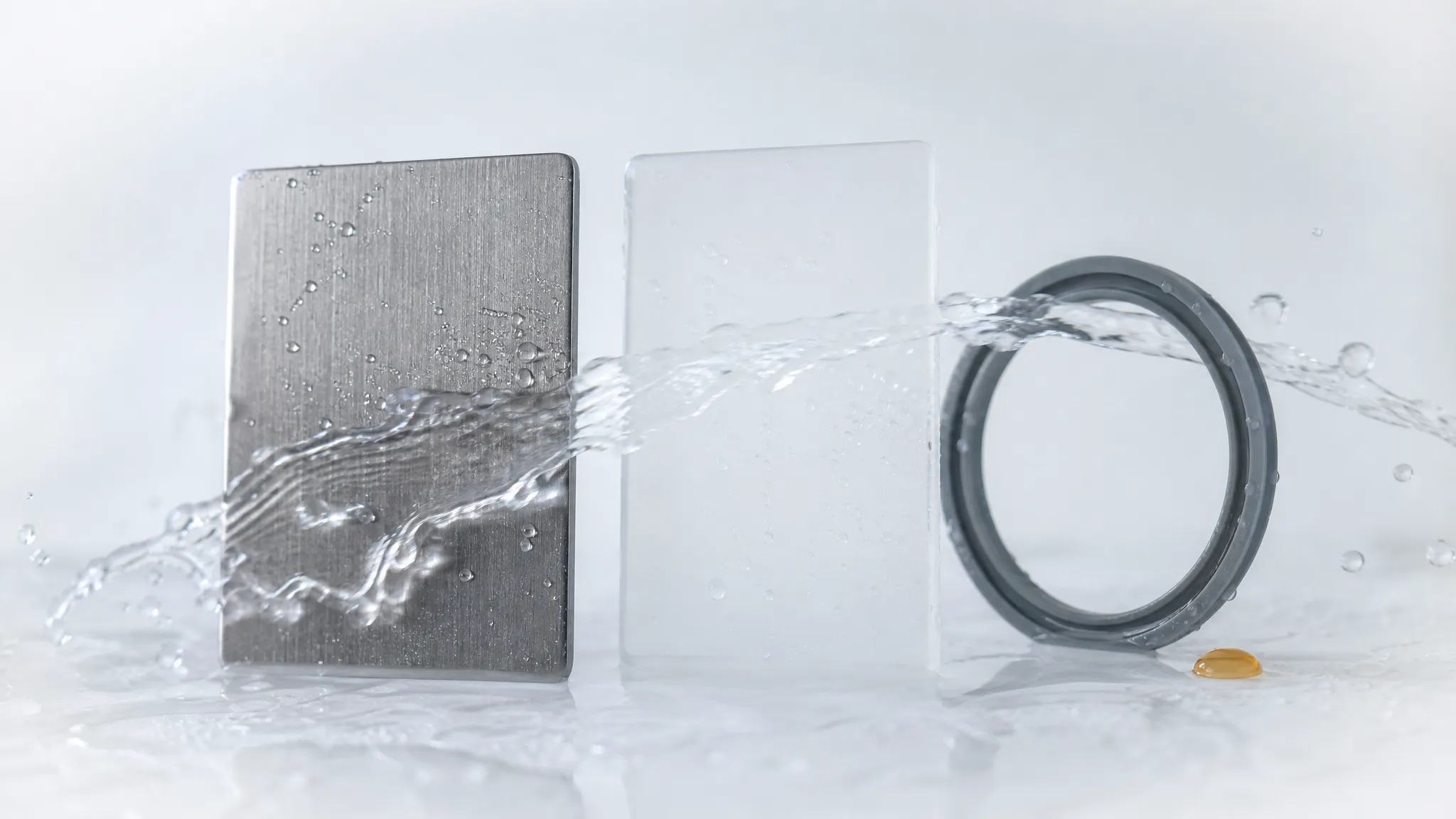 A brushed steel plate, a translucent polypropylene panel and a grey silicone gasket ring with water flowing across them