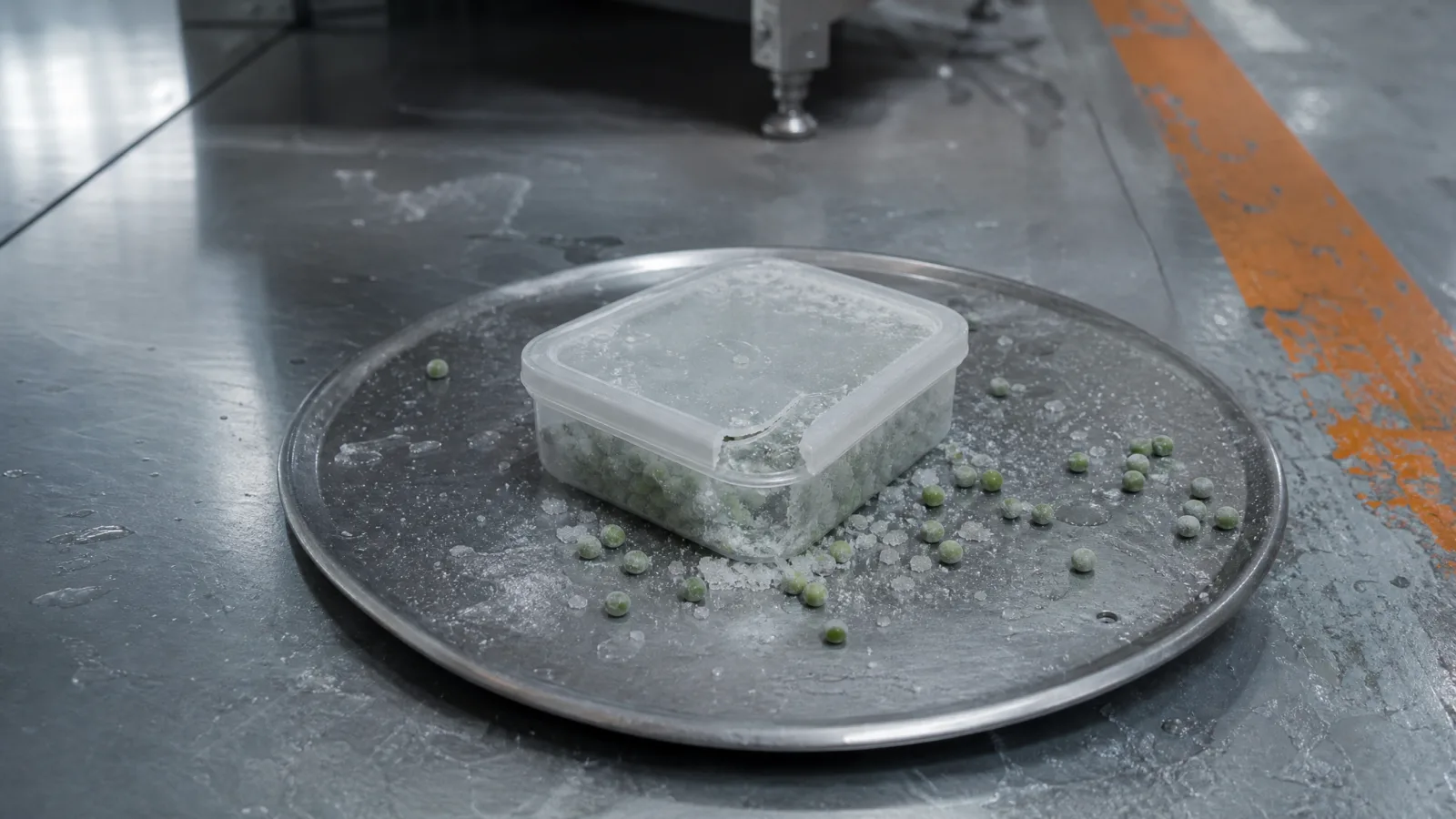 A lidded food container photographed just after being dropped onto a steel plate, a lid corner cracked and frozen peas scattered
