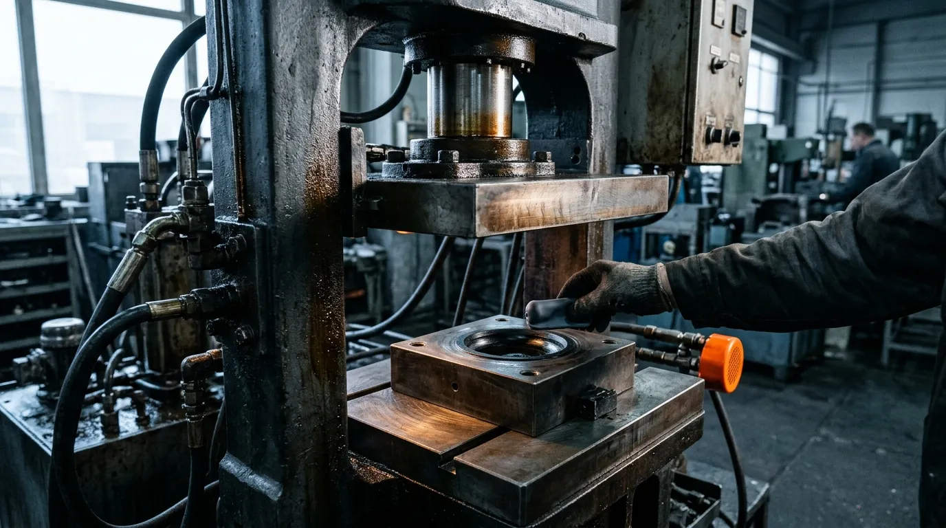 A gloved hand placing a cut silicone preform into the open single-cavity mold of a hydraulic compression press