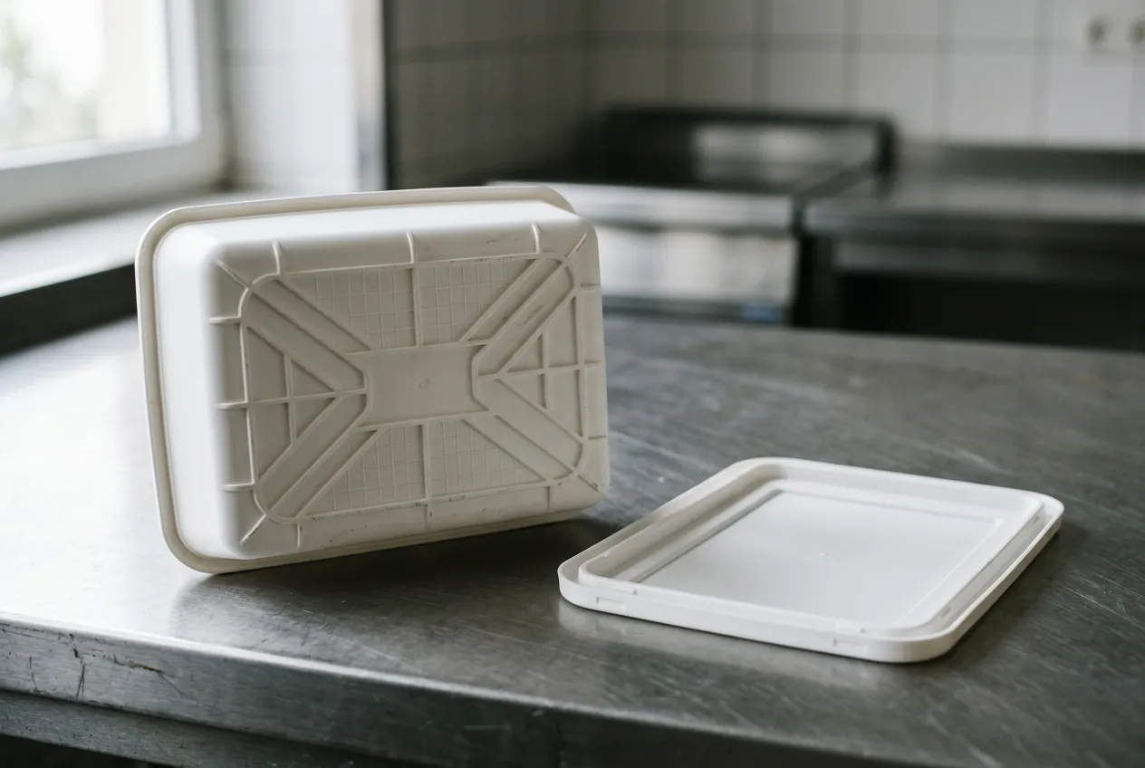The underside of a white polypropylene microwave safe plastic container with moulded reinforcing ribs, its lid set beside it on a steel workbench
