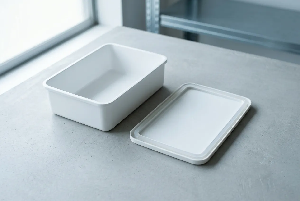 A white polypropylene food container body and its separate lid laid side by side on a pale grey surface