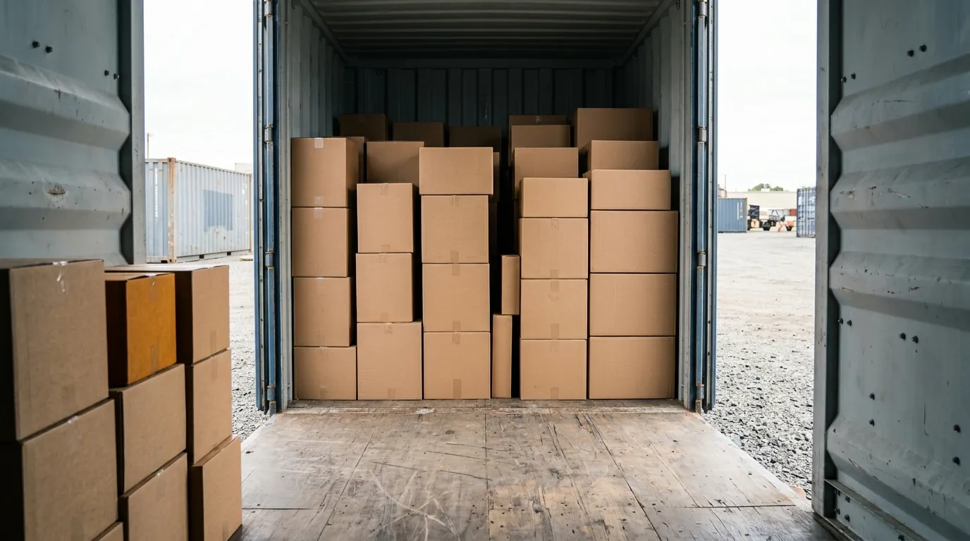 The interior of a steel shipping container about half filled with plain unmarked brown cartons of visibly different sizes, stacked in columns of differing heights