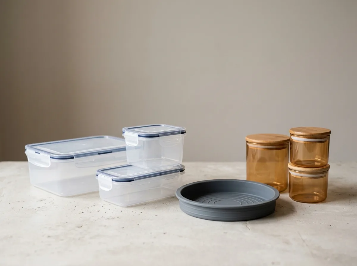 A mixed range of empty food containers in several sizes and materials on a pale concrete surface, plastic boxes beside amber canisters