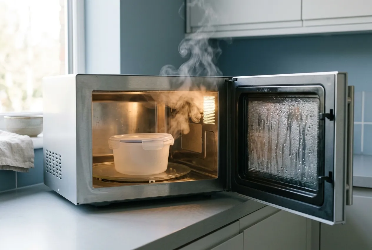 Steam rising from a lidded food container inside a microwave with the door ajar