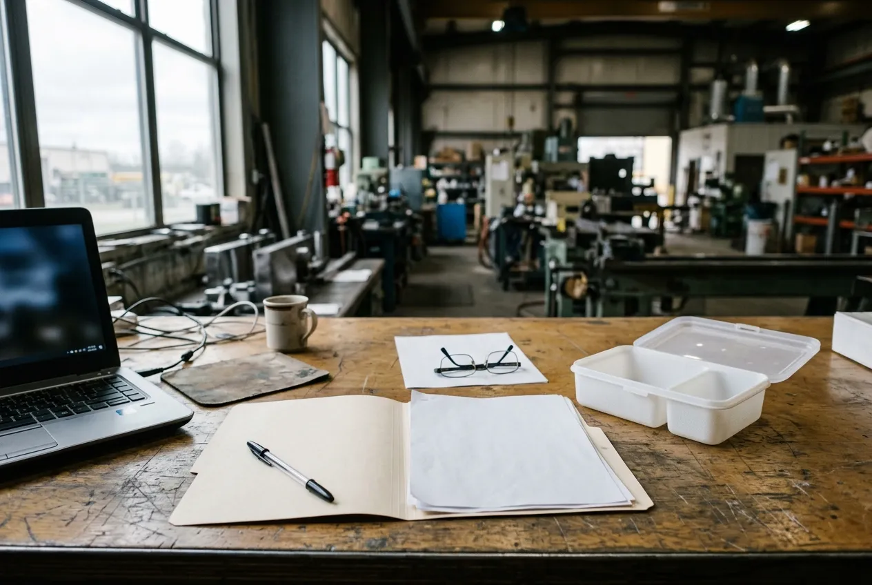 An open folder of unmarked documents, a pen and a white two-compartment lunch box sample on a factory office desk