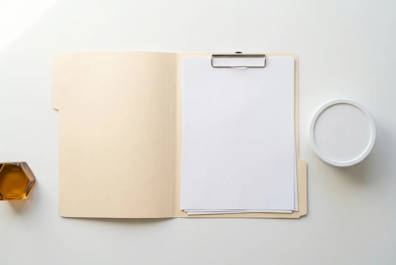 A plain manila document folder holding blank sheets on a clipboard beside a white canister lid, representing the document pack a gift programme should request