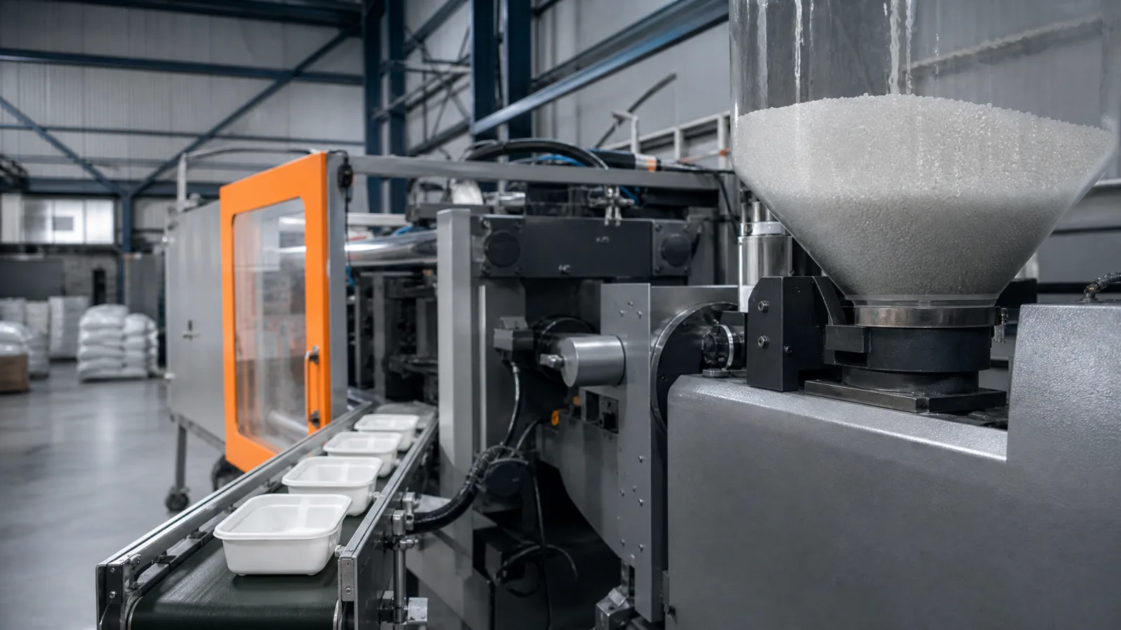 Freshly moulded white food containers on a conveyor beside a hopper of plastic pellets in an injection moulding workshop