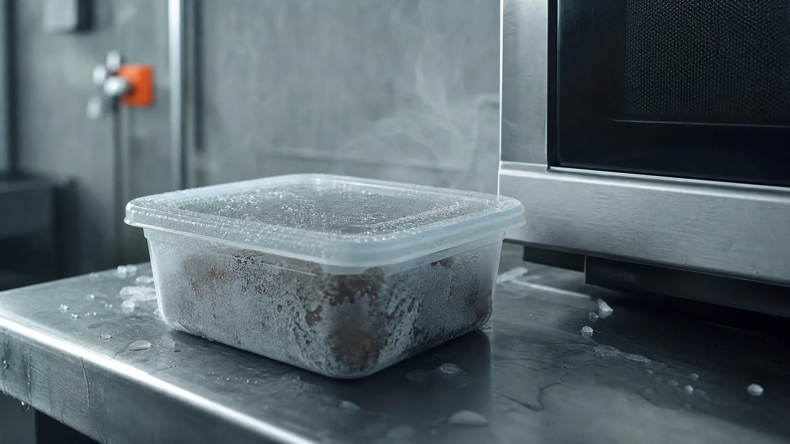 A just-thawed lidded food container with condensation clearing from the lid, on a cold steel counter beside a microwave