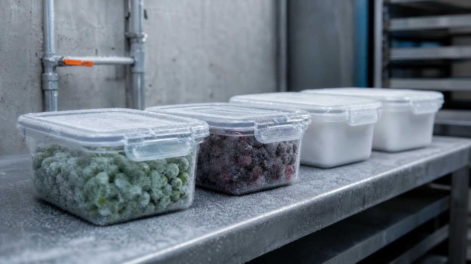 A row of frost-rimed lidded food containers on a cold steel bench, one holding frozen peas and berries