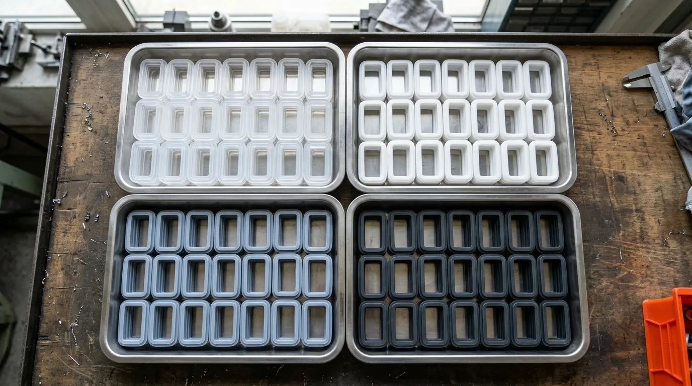Four steel trays of finished silicone ring gaskets in clear, white, gray-blue and charcoal, one colour per tray