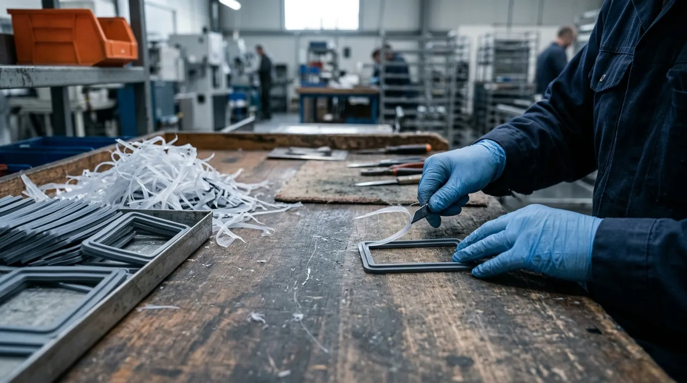 A worker peeling a thin silicone flash fin from a rectangular ring gasket at a finishing bench with trimmed parts and scrap