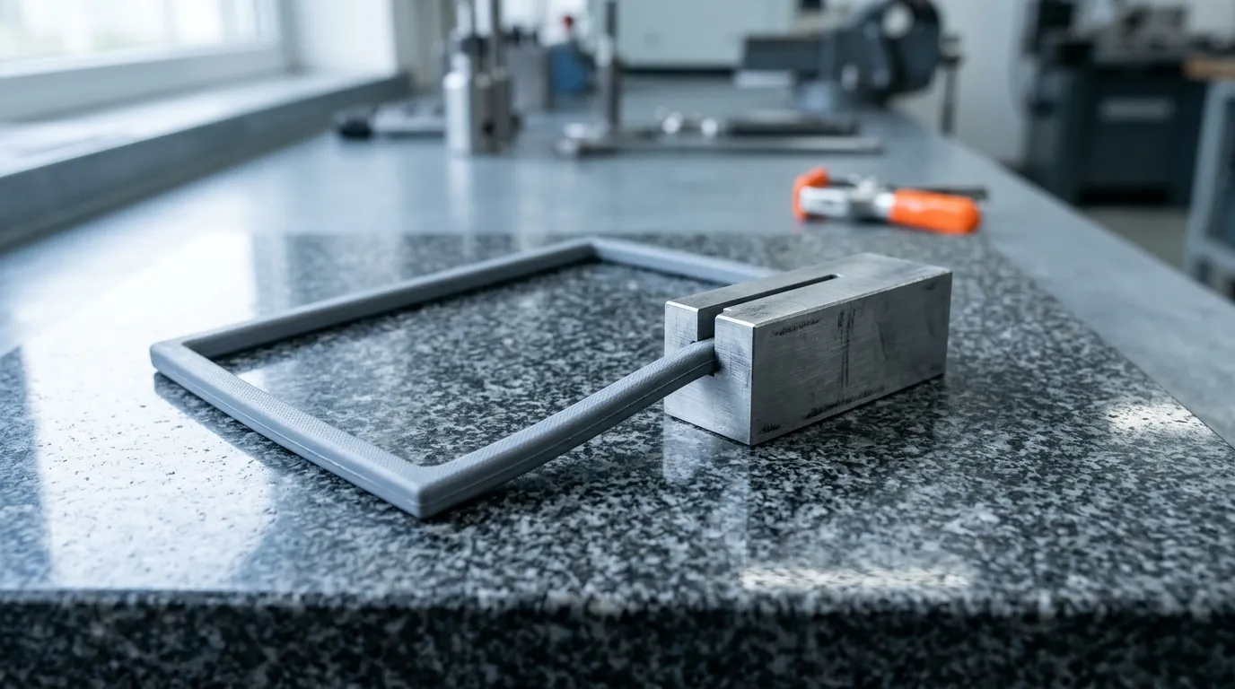 A rectangular silicone ring gasket on a granite inspection plate with a steel slot gauge block checking the cord width
