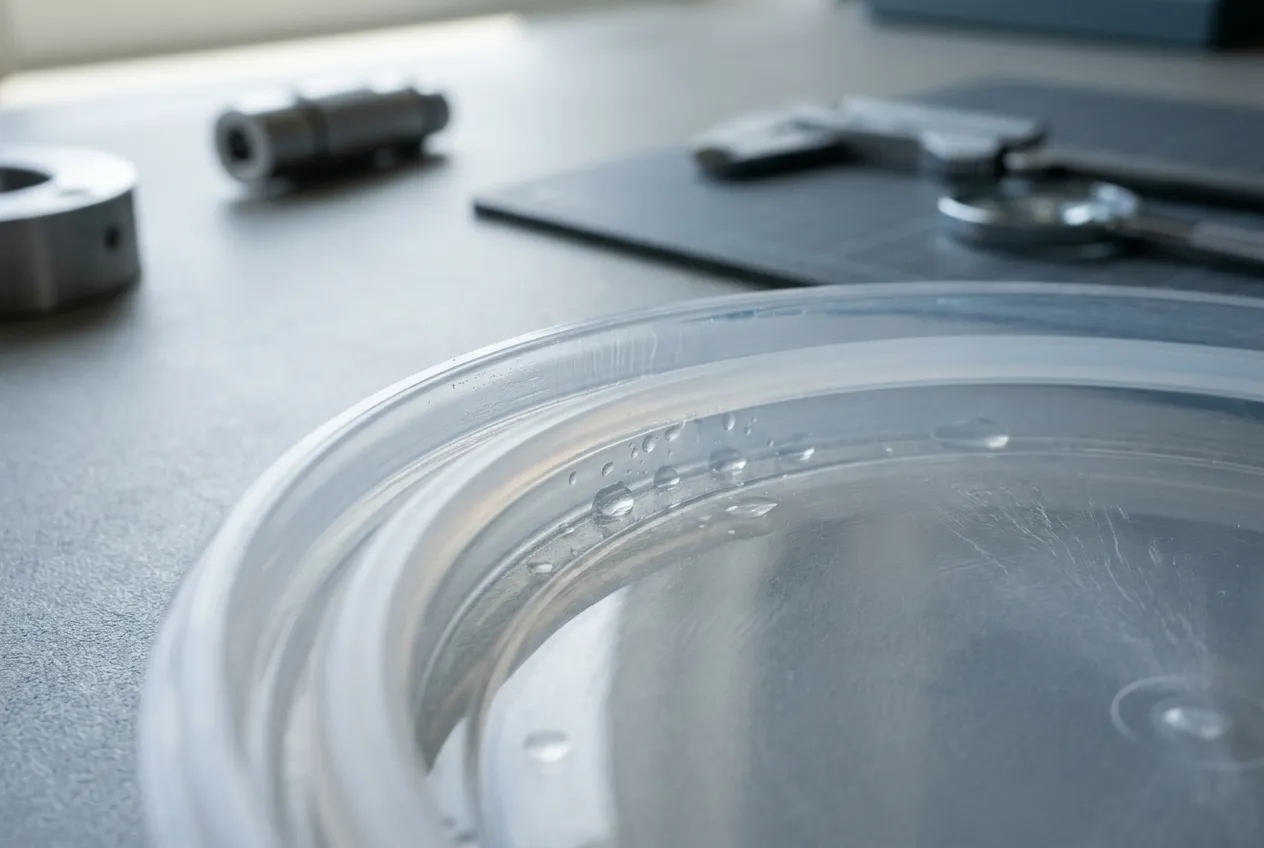 Concentric moulded sealing channels inside a clear polypropylene lid, with water droplets caught in the groove