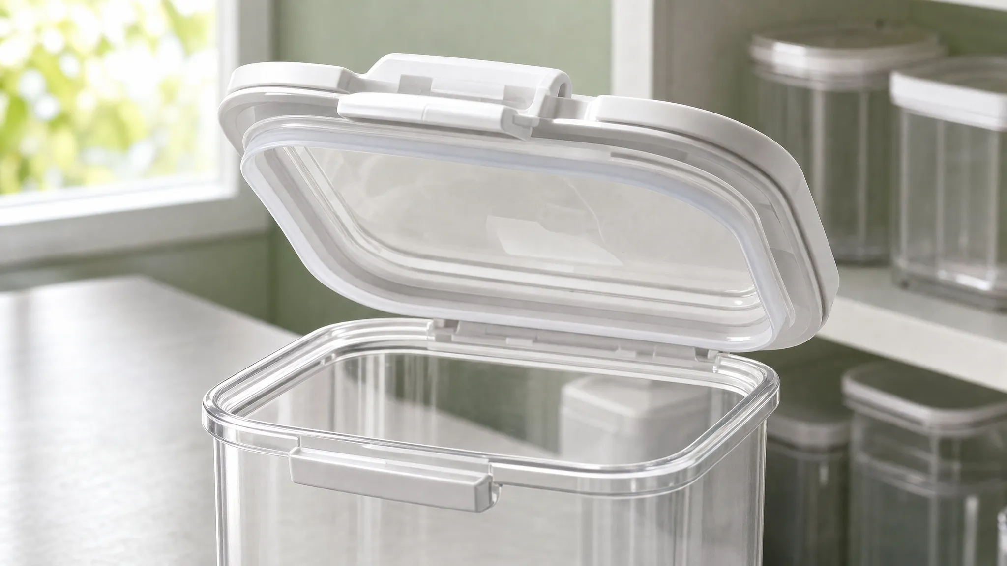 Close-up of an open snap-lock canister lid showing the silicone gasket seated in its groove