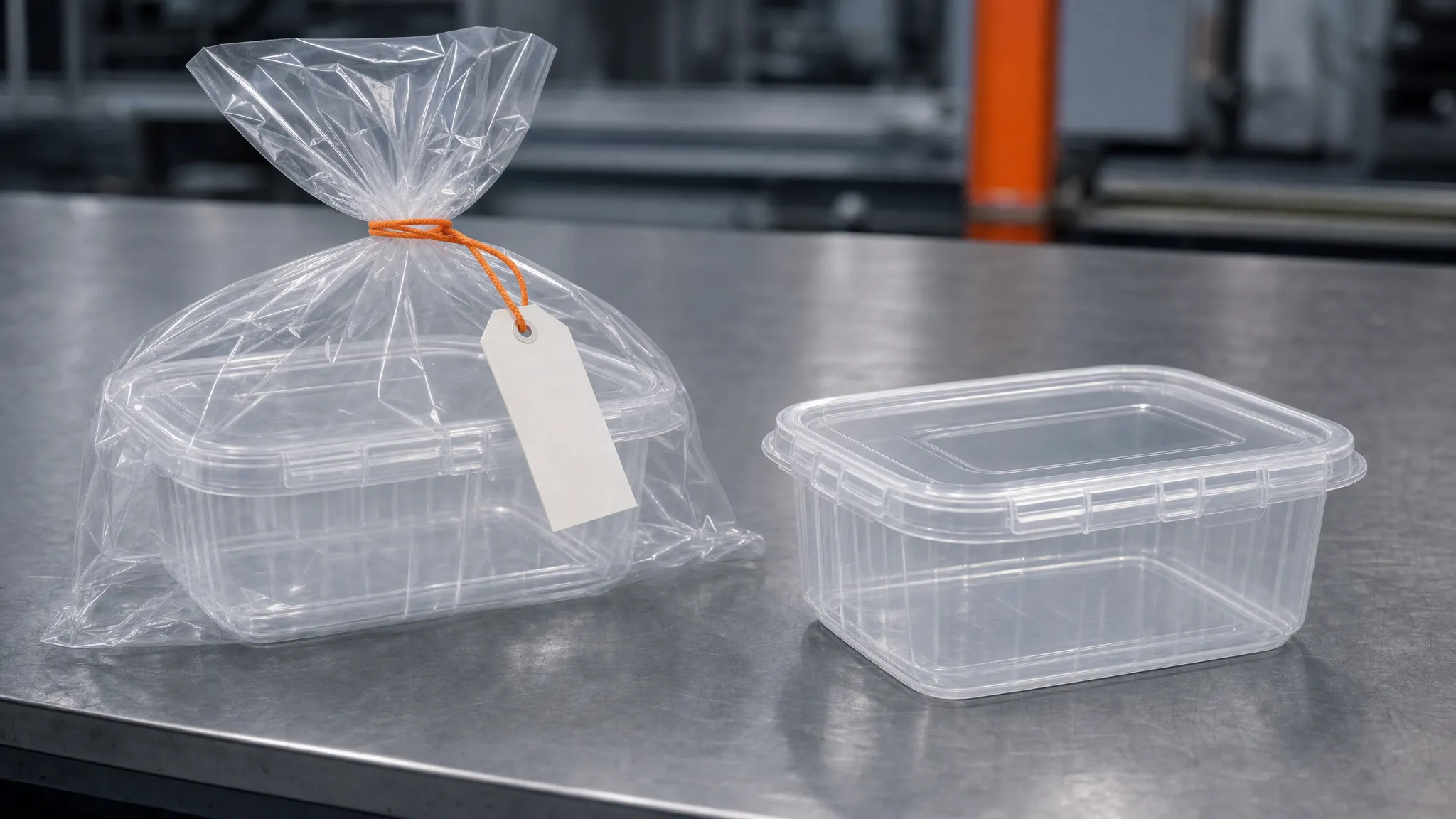 A clear food container sealed in a sample bag with a blank string tag on a steel bench, beside an identical unbagged production part