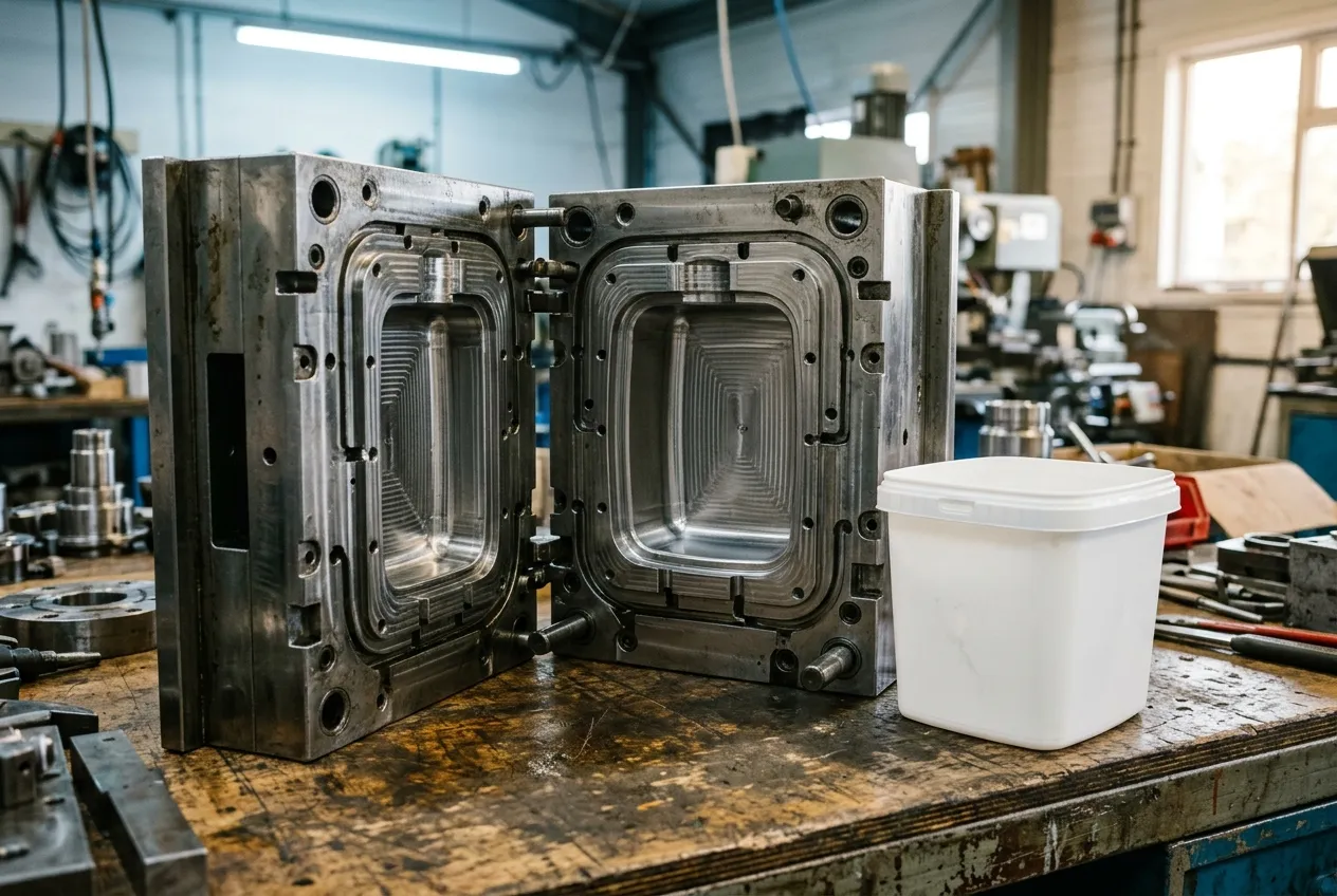 A polished steel injection mould on a workshop bench, cavity side up, with a freshly moulded plastic part resting beside it