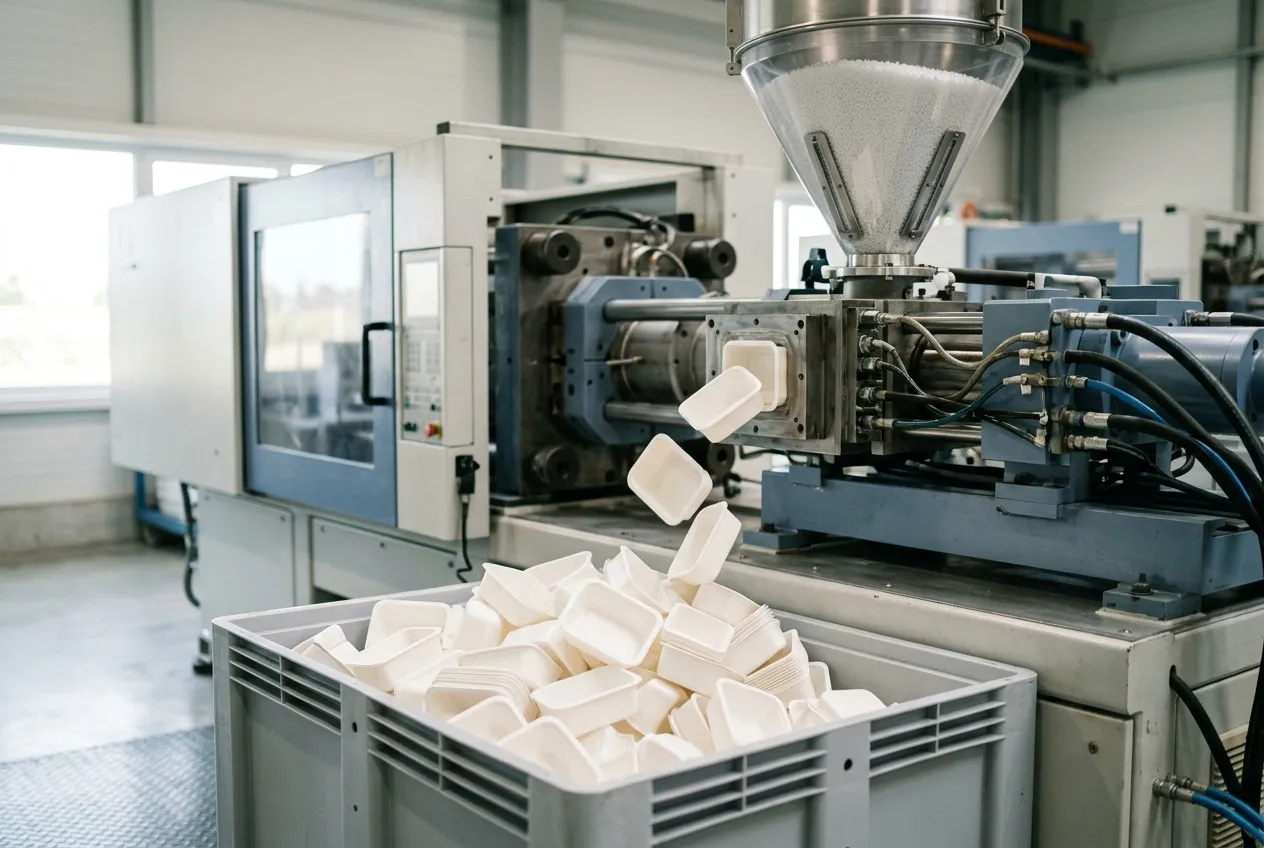 An injection moulding machine with freshly moulded white food containers dropping into a collection bin