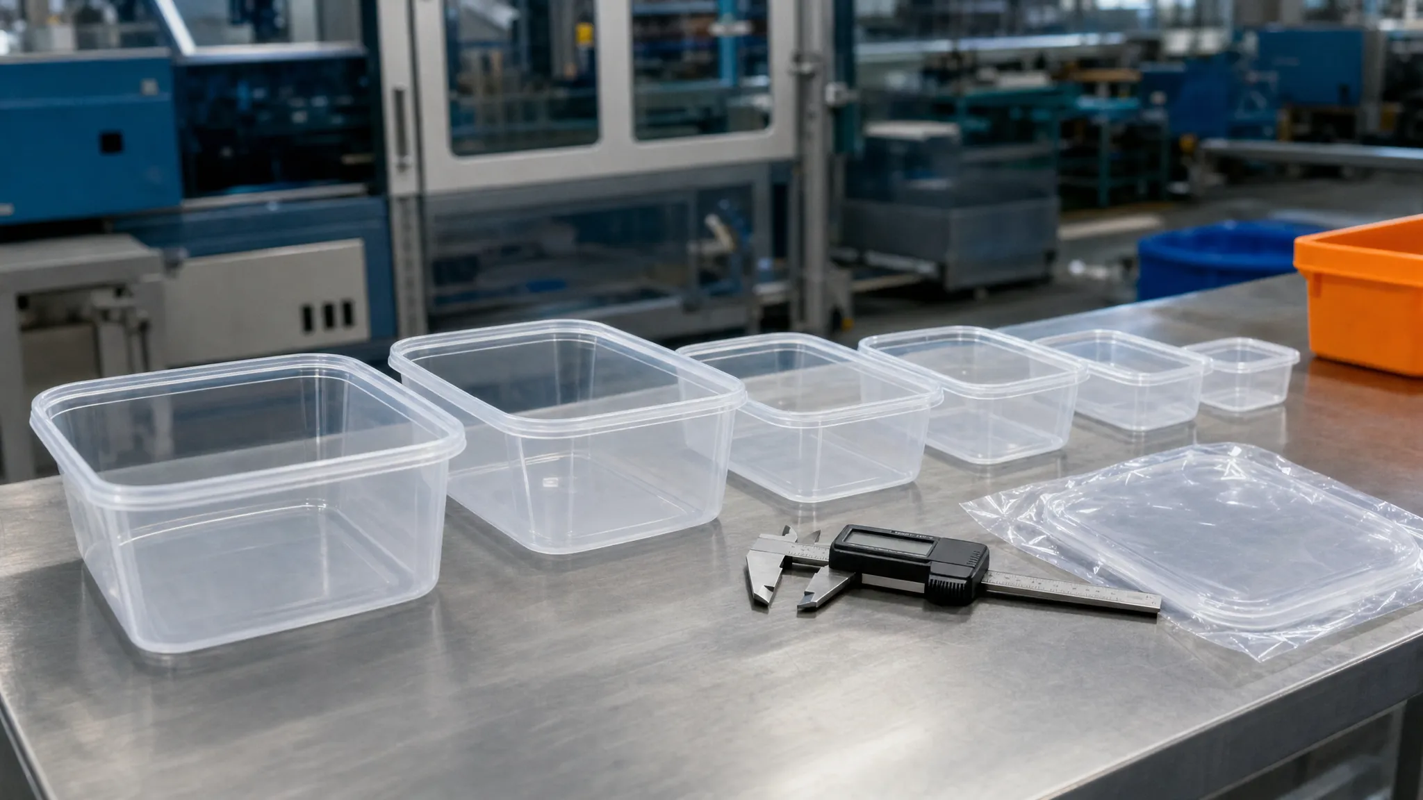 A row of clear moulded food containers of different sizes on a steel inspection bench with a digital caliper, in a plastics factory