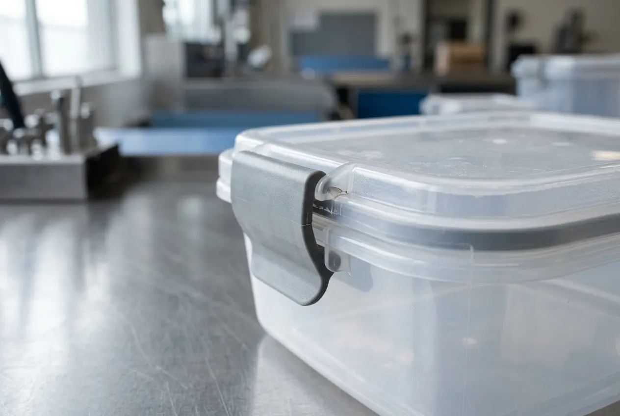 A grey snap latch lever engaged over the rim of a clear polypropylene food container lid on a steel bench