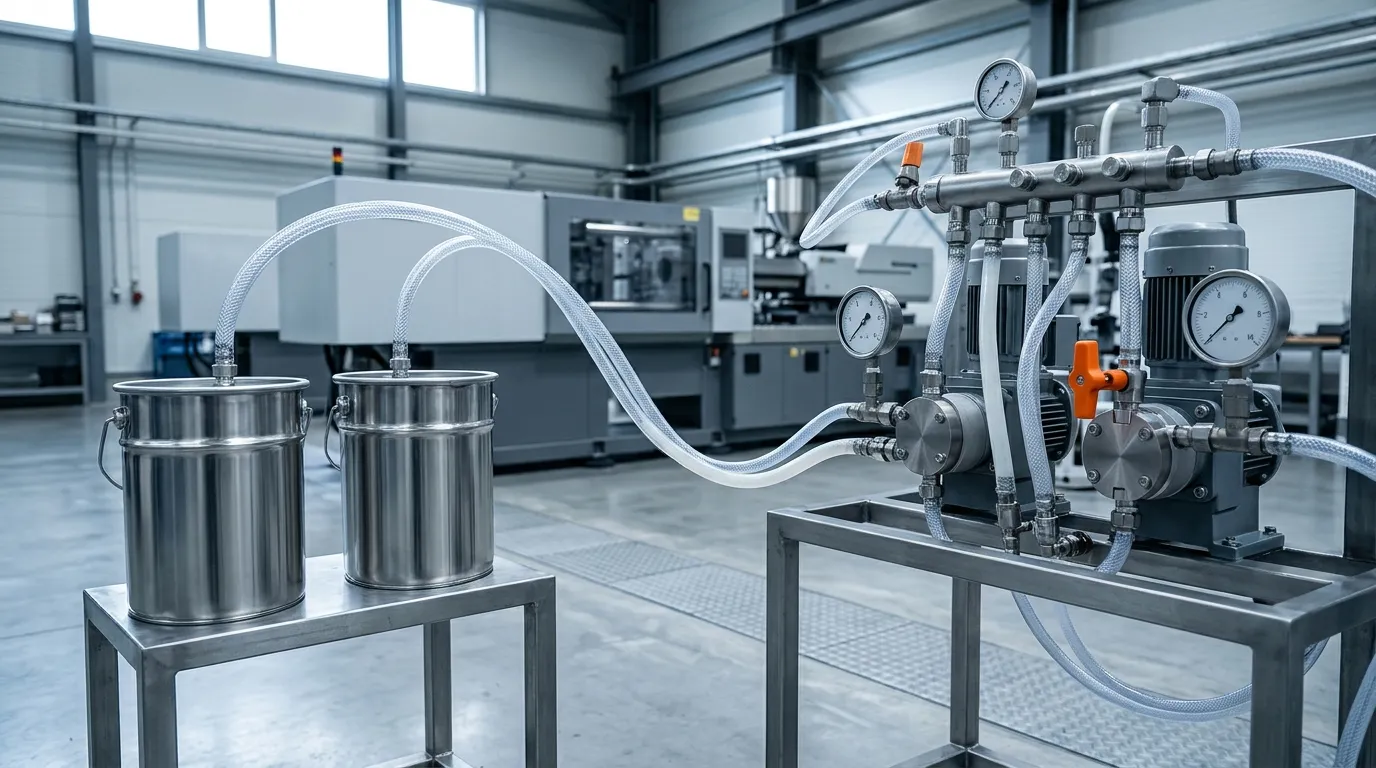 Two stainless steel pails of liquid silicone feeding a metering and dosing pump station through clear lines into a molding machine