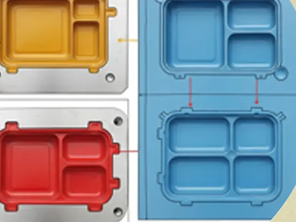 Mould cores and a cavity layout drawing for a compartment lunch box