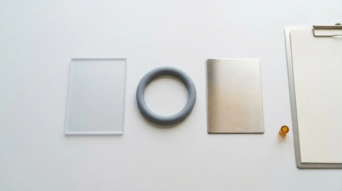 A translucent polypropylene panel, a gray silicone gasket ring and a brushed stainless steel plate in a row beside a blank document sheet