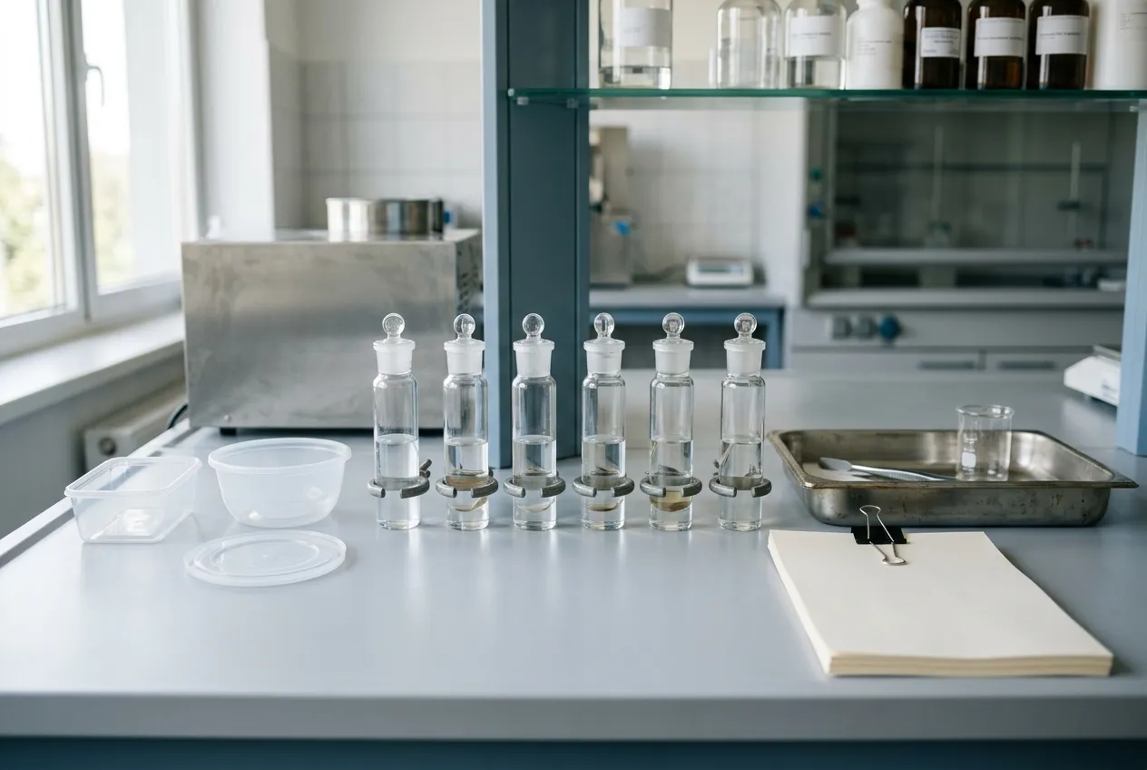 A food-contact laboratory bench with glass migration test cells, empty containers and a stack of blank report pages