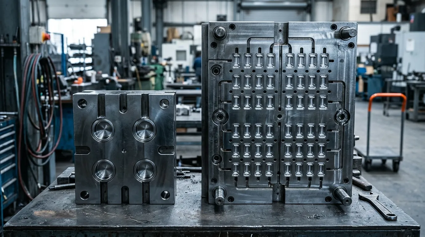 Two steel injection mold plates side by side, a small four-pocket cavity plate next to a large multi-cavity plate with many identical pockets