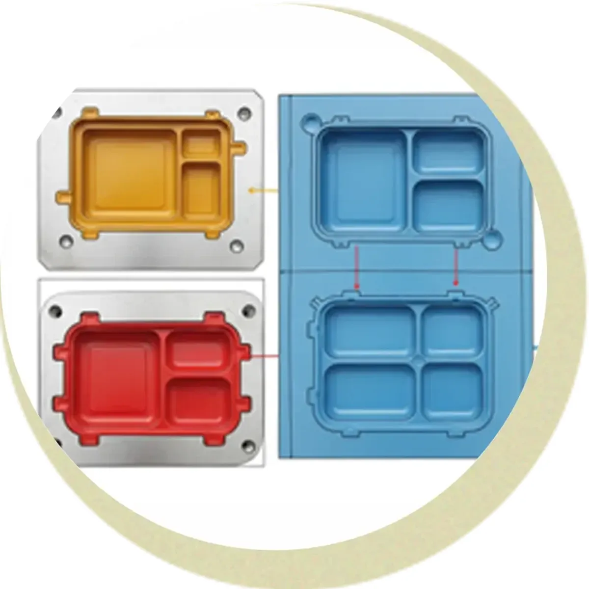 Amber and red moulded compartment parts on a steel cavity plate beside rendered panels showing the same cavity arrangement