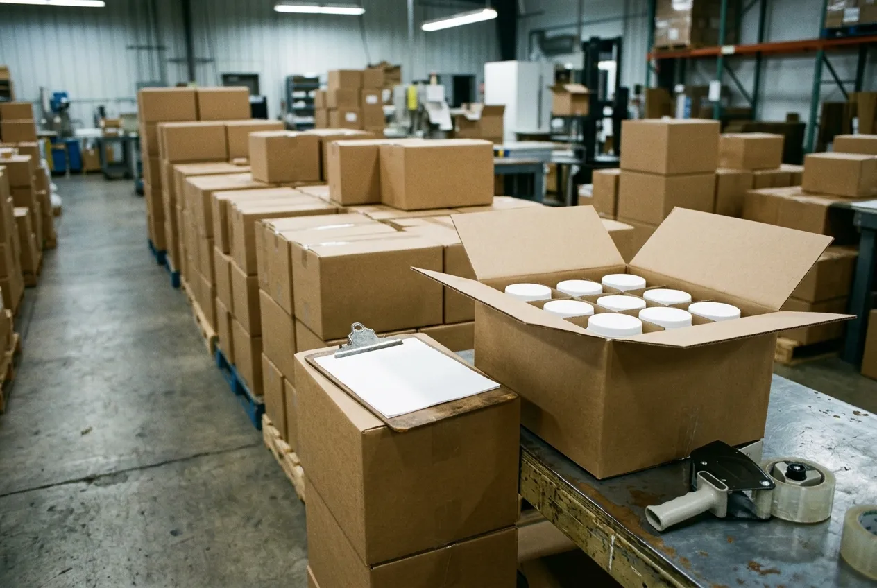 Sealed and labelled shipper cartons stacked in rows on a factory packing line with a packing list clipped to the top carton