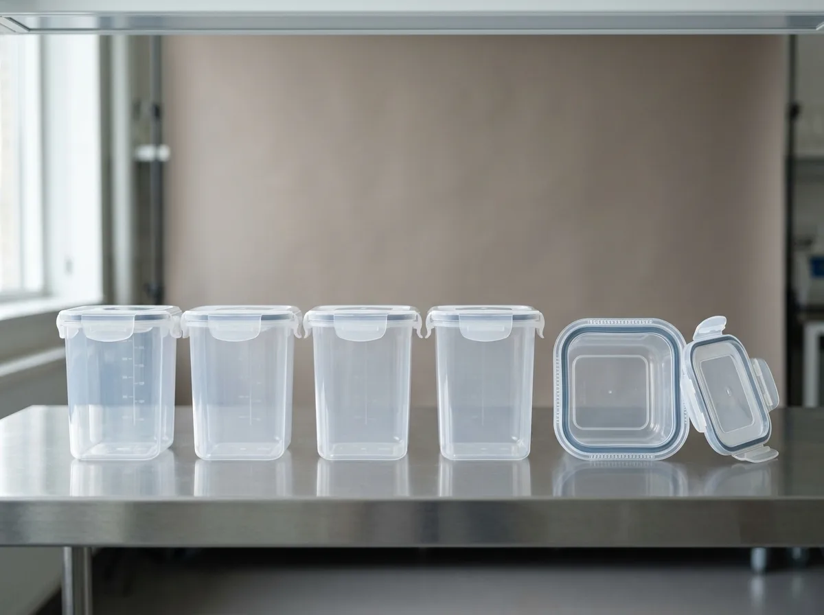 Six identical clear polypropylene containers in a row on a stainless-steel bench, one lid removed, showing a single tested sample batch