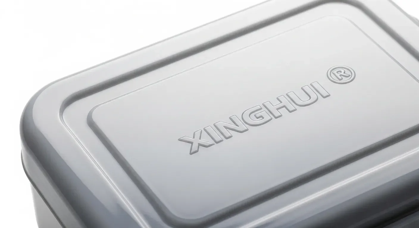 The factory's own name moulded into a PP lid surface as a raised mark