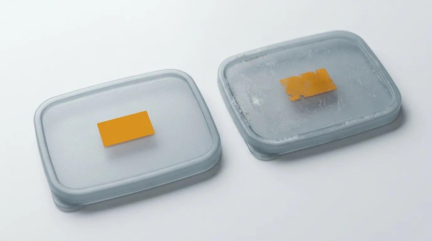 Two identical frosted polypropylene lids with the same small amber printed block, one crisp and one faded and scuffed after washing