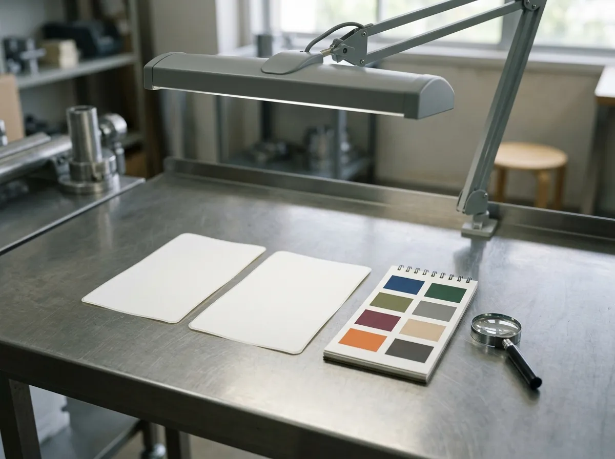 Two blank label proofs lying on a stainless steel work surface with a colour swatch book, magnifier and viewing lamp