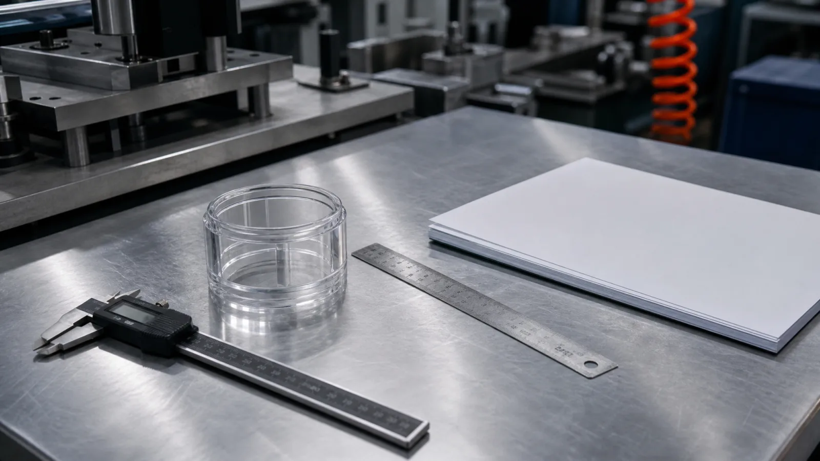 A factory quality-control bench with a digital caliper, a container sample, a steel rule and a stack of blank papers