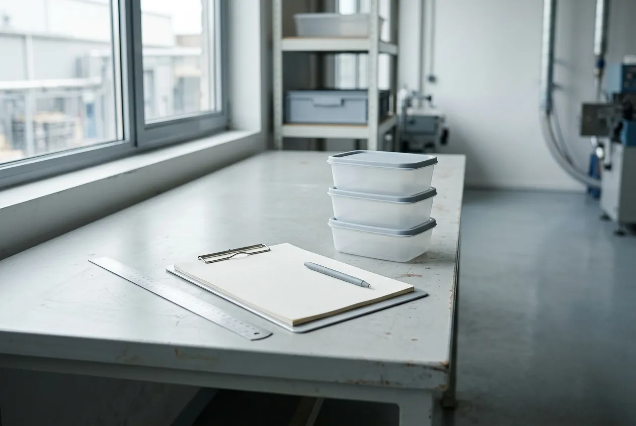 A quality-control bench with a stainless steel rule, stacked containers and a clipboard with blank paper