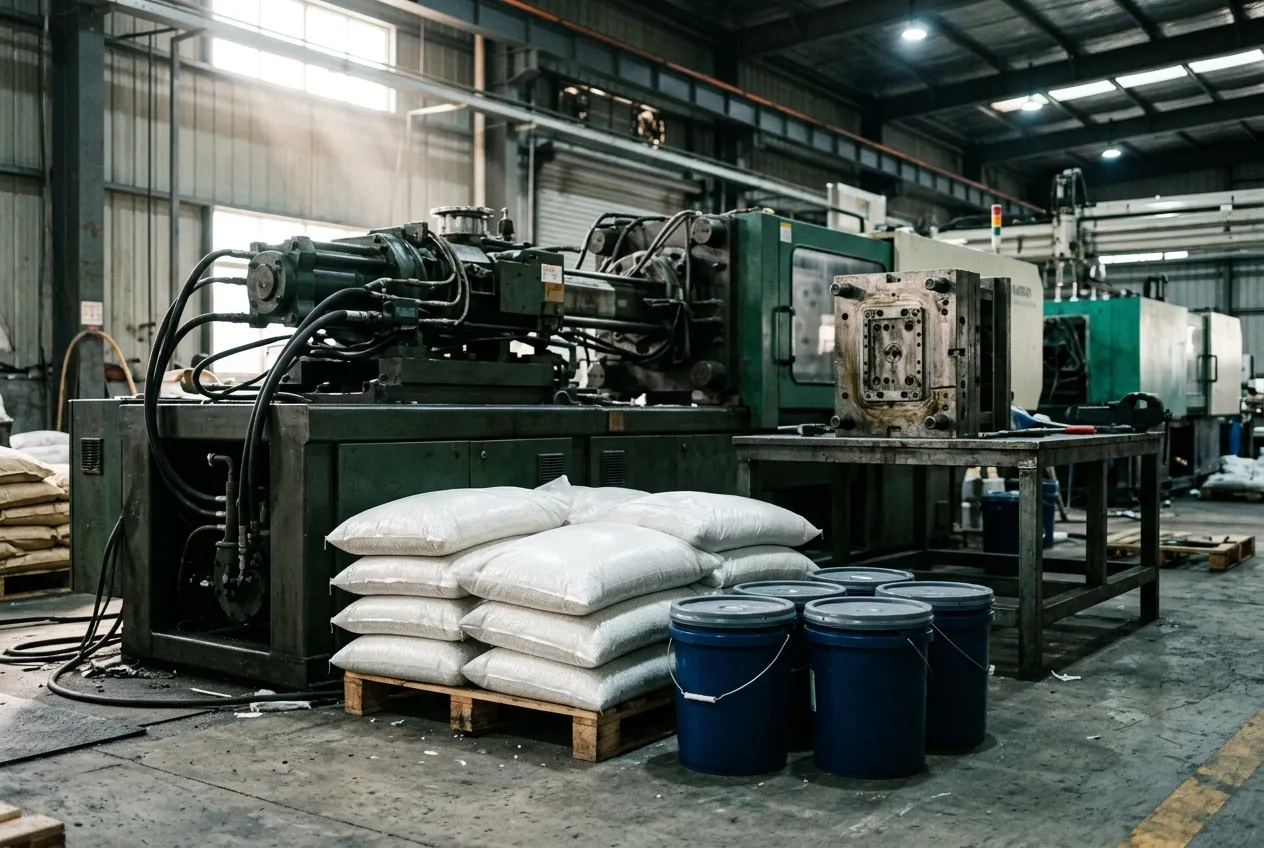 Sacks of white polypropylene granulate and drums of colour masterbatch on the floor of a plastics factory beside an injection moulding machine