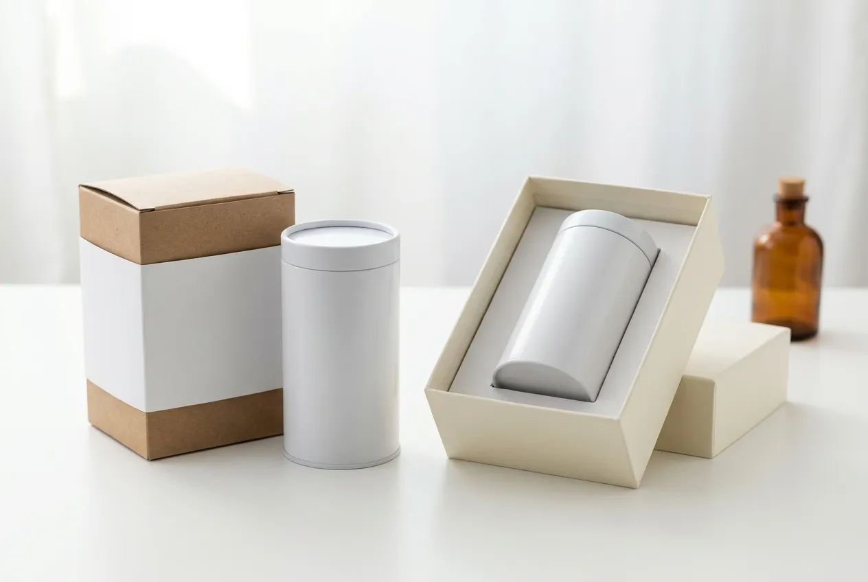 A blank retail carton with a plain sleeve beside a plain white canister, next to an open rigid gift box with a moulded insert holding a single canister