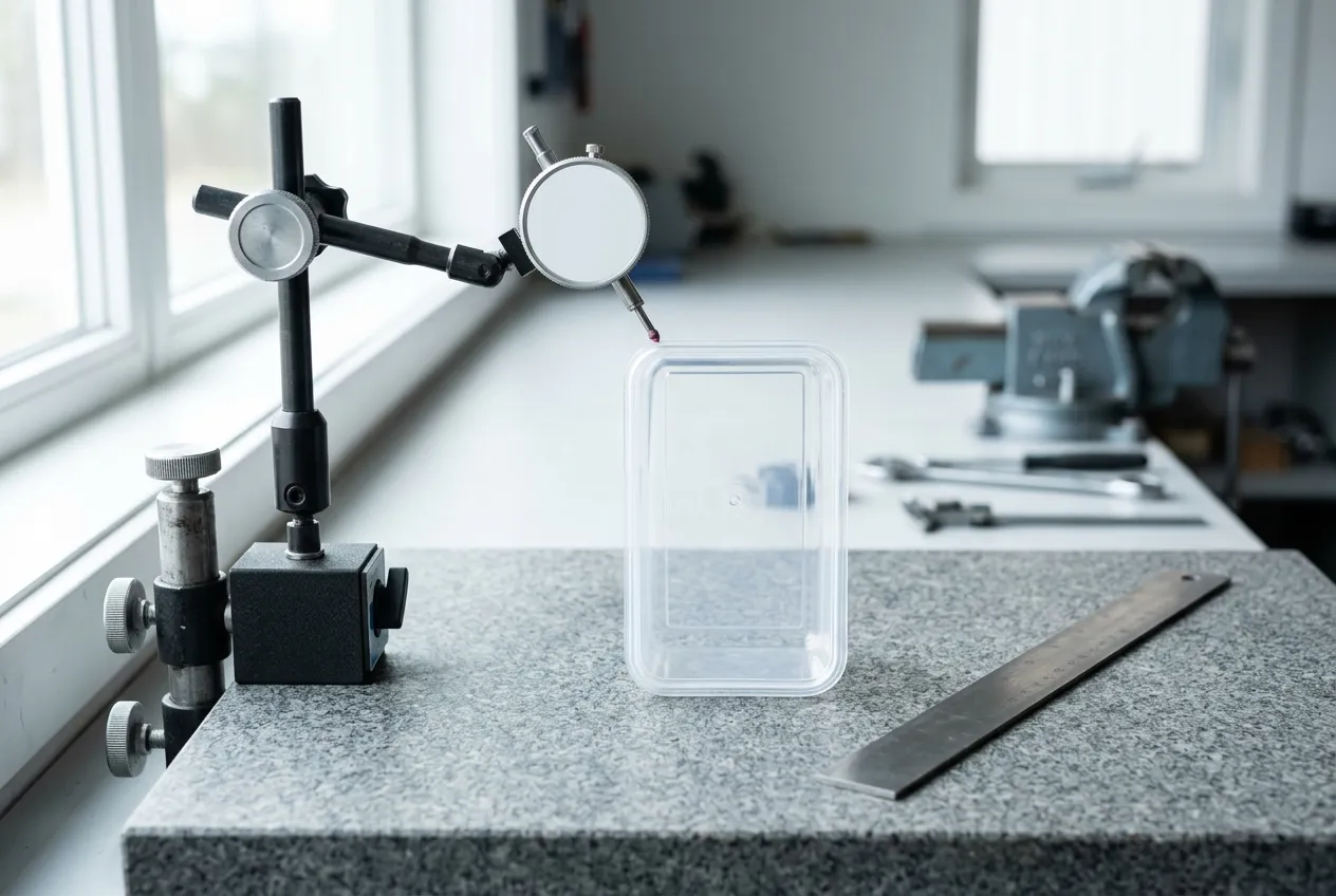A dial test indicator on a magnetic stand touching the rim of an open clear polypropylene container on a granite surface plate, a steel straight edge beside it