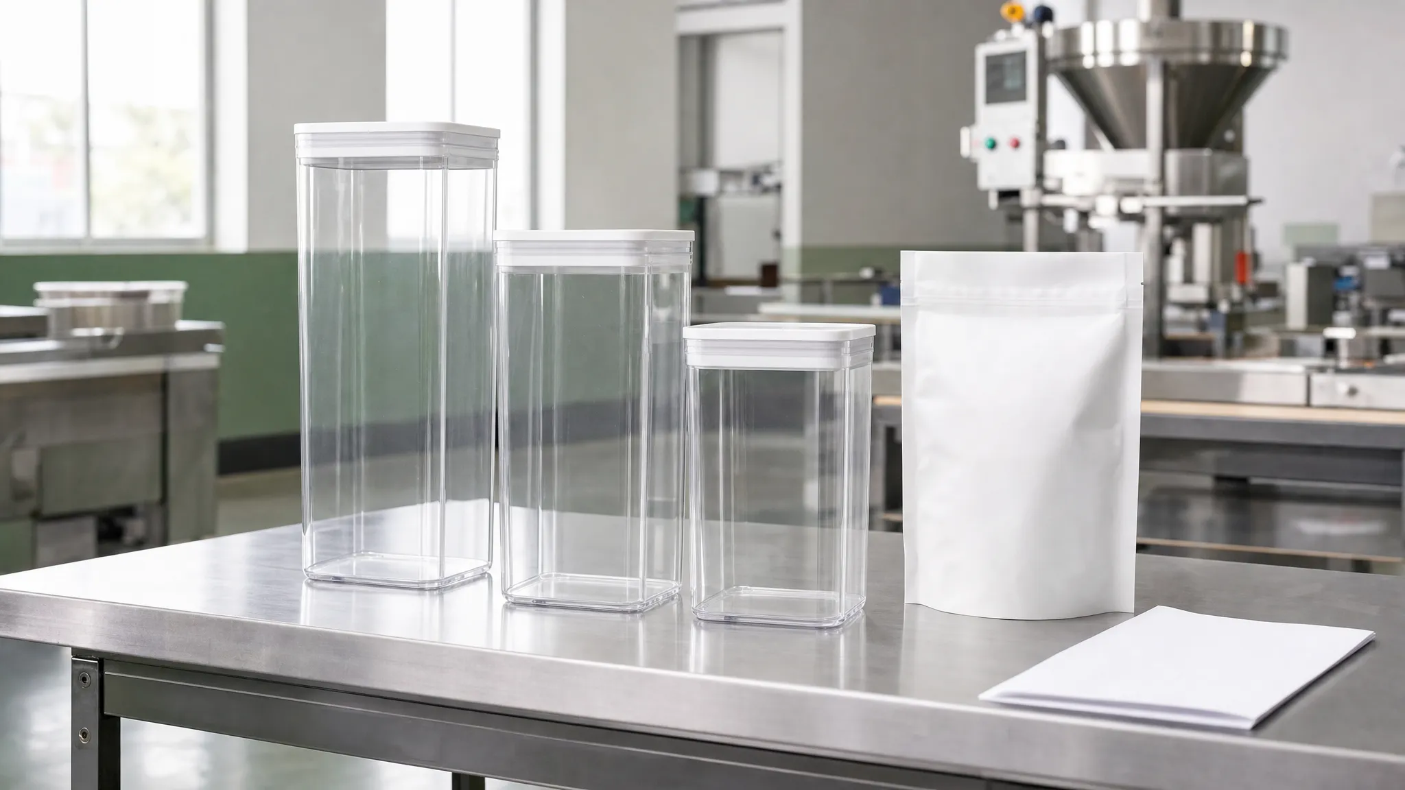 Three empty canisters on a stainless-steel inspection bench beside an unlabelled sample bag awaiting approval