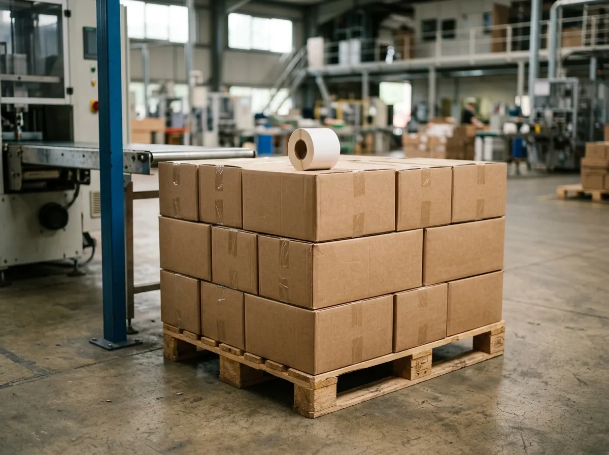 Sealed plain brown master cartons stacked on a pallet at the end of a packing line